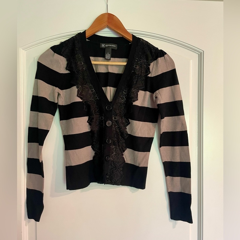 INC International Concepts Black and Taupe Striped Lace-Trim Cardigan